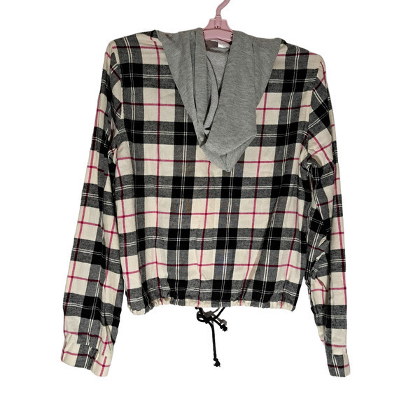 No Boundaries Hoodie Button Front Jackets Black Plaid Sz M 7-9 100% Polyester - Picture 2 of 3